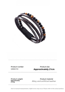 Detail view of multi-layer men's leather bracelet with tiger eye beads and alloy clasp