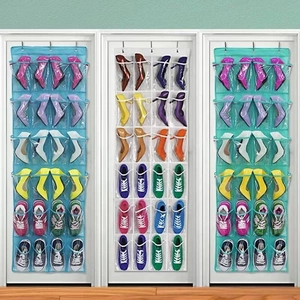Detailed view of the 24-compartment over-door shoe organizer in multiple colors