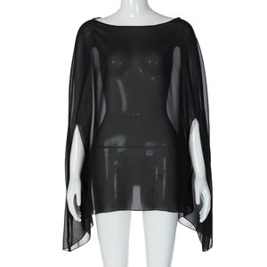 Close-up of lightweight black sheer chiffon blouse with a loose see-through texture