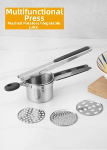 Detail of stainless steel potato ricer with ergonomic handle and 3 interchangeable discs