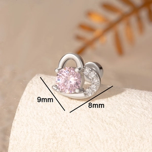 Pink heart zircon stud earrings in silver titanium steel, 9mm x 8mm size dimensions