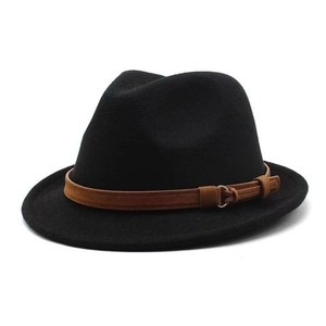Classic black wool felt fedora hat with brown leather belt buckle for men and women