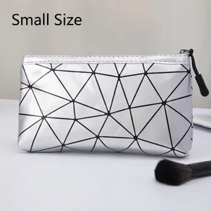Detail of silver geometric triangle pattern PU leather makeup bag with zipper closure