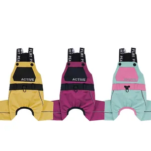 Waterproof pet outdoor overalls in yellow, magenta, and green with reflective strips