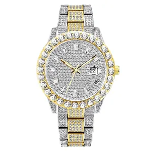 Luxury iced out men's quartz watch with date display and two-tone diamond metal strap