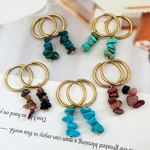 Five pairs of gold stainless steel hoop earrings with colorful natural gemstone beads