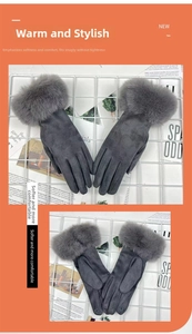 Detail view of grey faux suede gloves with plush fur cuffs for winter warmth