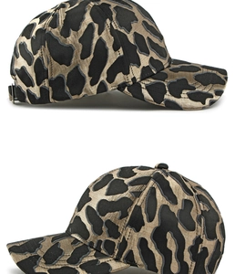 Detailed side view of leopard jacquard baseball cap with metallic fiber and adjustable buckle