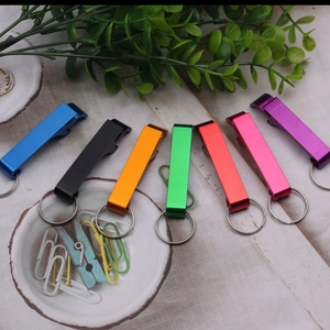 Set of colorful aluminum multifunction bottle opener keychains in seven vibrant finishes