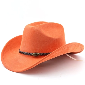 Detail of orange suede cowboy hat with braided leather band and metal bull head buckle