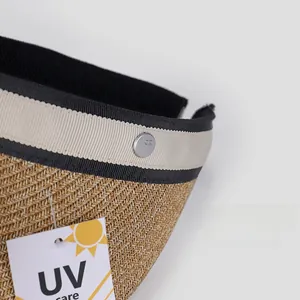 Vista detallada de una visera de paja para el sol con cinta decorativa y etiqueta de UV