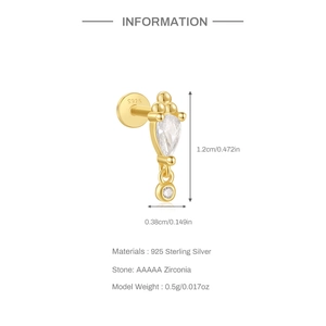 Detail of s925 sterling silver screw back earring with 5A zirconia drop and size 1.2x0.38cm