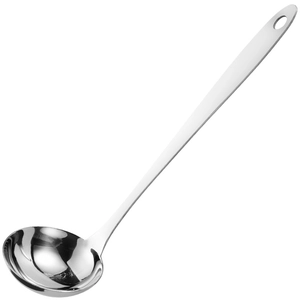 Polished stainless steel long handle soup ladle with deep bowl on white background