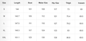 Detailed maternity sizing chart with measurements for plaid overalls from S to XXL