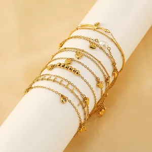 18K Gold Plated Stainless Steel Heart Pendant Artificial Pearl Bracelet Anklet For Women Fashion Layered Jewelry