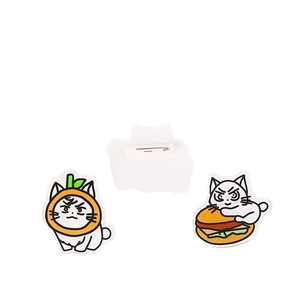 Cute acrylic cartoon cat pins featuring orange cat and burger cat designs for accessories