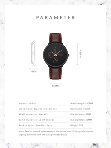 Spécifications techniques de la montre à quartz YOLAKO pour hommes avec dimensions et détails
