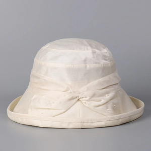 Women Bucket Hat Lyocell Linen Nylon Blend Breathable Sun Protection Large Bow Artificial Pearl Elegant Summer Foldable