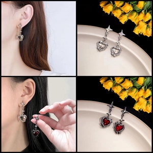 Gothic Heart And Four-Point Star Dangle Earrings With 925 Sterling Silver Earring Post Alloy Zirconia Jewelry For Women