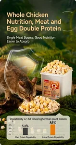 Snacks de pollo y yema de huevo liofilizados para gatos con un gato comiendo en el bosque