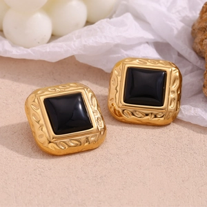 Vintage 18K gold-plated stainless steel square earrings with black acrylic center
