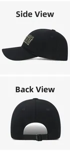 Detail view of black cotton baseball cap showing side embroidery and back metal buckle