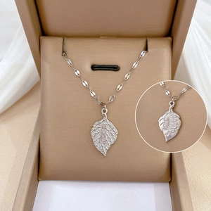 Titanium steel silver leaf pendant necklace with lucky character in jewelry box