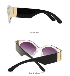 Detailed side and back views of geometric sunglasses with purple gradient lenses