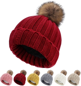Winter knit pom pom beanies set in pink, red, yellow, grey, white and beige colors