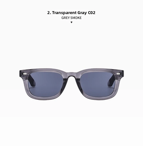 Détail de lunettes de soleil carrées gris transparent C02 avec verres gris fumés