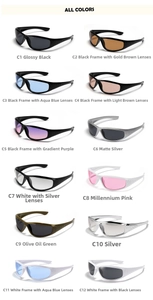 Multiple color variations of Y2K wraparound sports sunglasses from C1 to C12