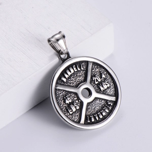Vintage steel barbell weight plate pendant necklace for men fitness gym jewelry