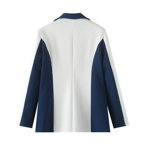 Back view of a color block blazer in white and navy blue with high-density woven fabric