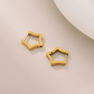 Elegant gold star-shaped stainless steel earrings on a minimalist beige textured surface
