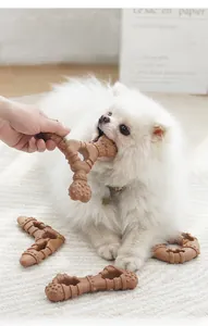 Brown textured dog chew toy with massage nubs held by owner for interaction