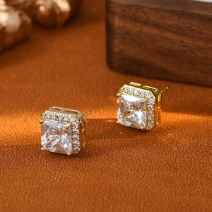 Elegant gold square stud earrings with princess cut cubic zirconia and pavé halo