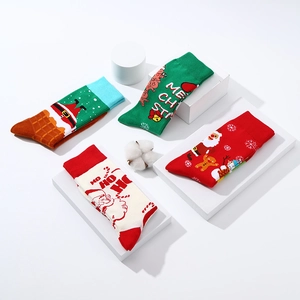 Christmas cotton mid-calf socks set with Santa and Snowman patterns in four festive colors