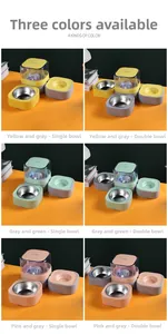 Detail view of pet automatic water dispenser and stainless steel bowl in multiple colors