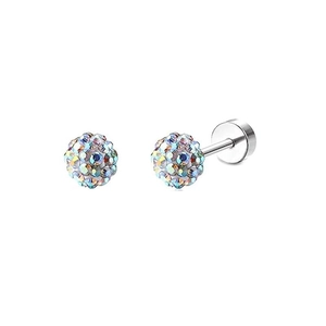 Macro detail of silver stainless steel screw back earrings with colorful zircon crystals