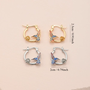 Elegant gold and silver hummingbird earrings with rose flowers and colorful enamel coating