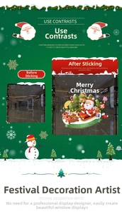 Detailed Christmas window decal showing Santa on a sleigh with snowflakes and gift bags