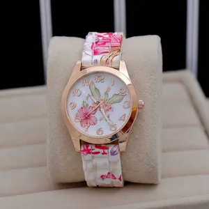 Geneva floral print quartz watch for women with rose gold case and flower link bracelet