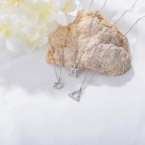 Detailed view of silver S925 zodiac necklaces with Gemini, Cancer, and Libra pendants