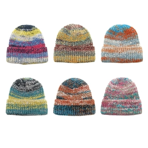 Bonnet En Tricot Couleurs Mélangées À Revers Grosse Maille Acrylique Chaud Hiver Extérieur Polyvalent Unisexe
