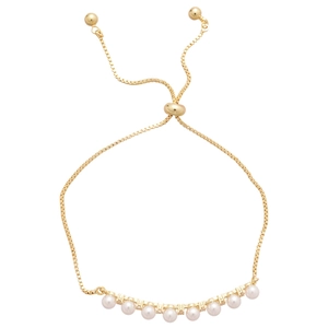 Luxurious French gold adjustable pearl bracelet with cubic zirconia flower accents