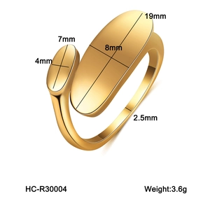 Detailed dimensions of the gold stainless steel asymmetric open ring with polished finish
