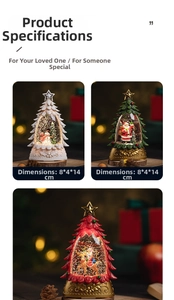 Detailed view of Christmas tree snow globe ornaments with dimensions 8x4x14cm