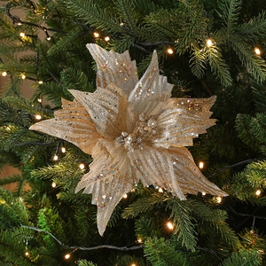 Sparkling gold poinsettia flower with sequins on green Christmas tree branches