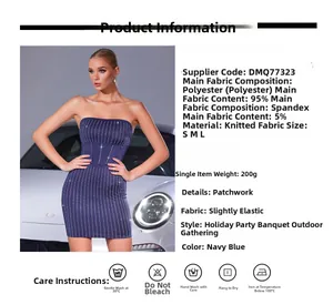Detail of navy blue bodycon dress featuring silver trim and knitted texture for parties