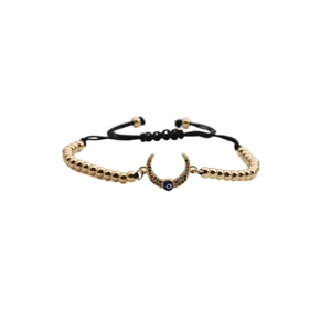 Adjustable gold plated moon bracelet with blue evil eye charm and colorful zircon stones
